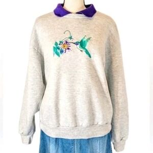 Vintage 90s Jerzees Collared Sweatshirt Hummingbird Embroidered Cottagecore Sz M